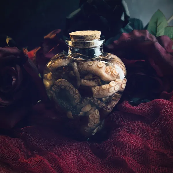 Octopus Tentacle Apothecary Heart Shaped Bottle - Real Wet Specimen Taxidermy - Valentine's Day Curiosity Bottle