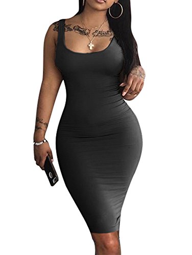 LAGSHIAN Women's Sexy Bodycon Tank Dress Sleeveless Basic Midi Club Dresses - Large - Black