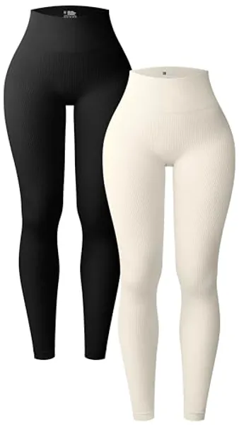 OQQ Women's 2 Piece Yoga Leggings Ribbed Seamless Workout High Waist Athletic Pants