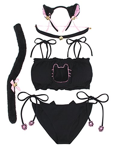 JustinCostume Women's Cosplay Lingerie Set Kitten Keyhole Cute Sexy Outfit - Large - Black