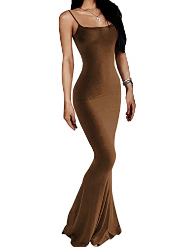 AnotherChill Women's Casual Lounge Slip Long Dress Sexy Sleeveless Backless Bodycon Maxi Dresses 2023 Summer Slim Elegant - Large - Brown