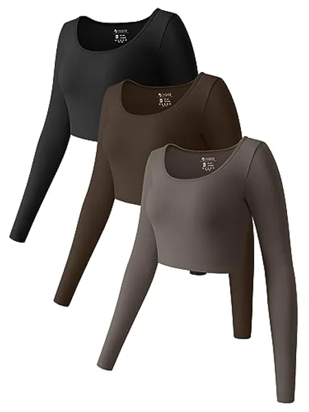 OQQ Women's 3 Piece Crop Tops Long Sleeve Round Neck Stretch Fitted Underscrubs Shirts Crop Tops