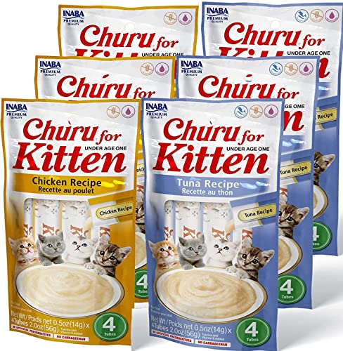 INABA Churu for Kittens, Grain-Free Creamy, Purée Lickable Cat Treats with DHA, EPA, Vitamin E & Taurine, 0.5 Ounces Each, 24 Tubes (4 per Pack), 2 Flavor Variety Pack - Tuna and Chicken Variety Pack - 0.5 Ounce (Pack of 24)