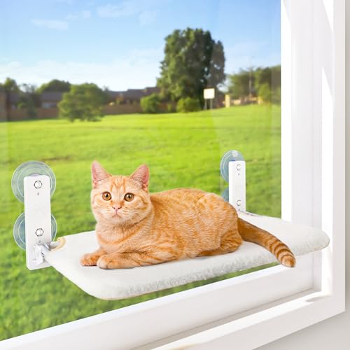 AMOSIJOY Cordless Cat Window Perch, Cat Hammock for Wall with 4 Strong Suction Cups, Solid Metal Frame and Reversible Cover, Foldable Cat Beds for Indoor Cats (Medium-White) - White Cover - Medium