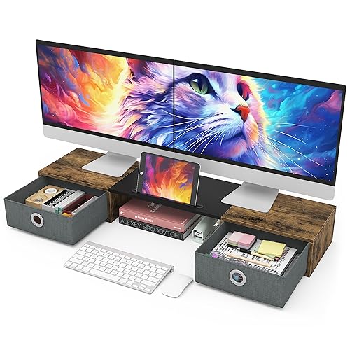 WESTREE Dual Monitor Stand Riser with Two Drawers, Extra Large Storage for 2 Monitors, Desktop Oraganizer Computer,Laptop,Screen,Printer,TV - Rustic Brown