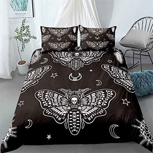PTNQAZ Black Death Moth Skull Bedding Set Gothic 3D Printed King Size Duvet Covers Sets With Pillowcases Bed Linen Quilt Covers Home Textile (King,Black) - King - Black