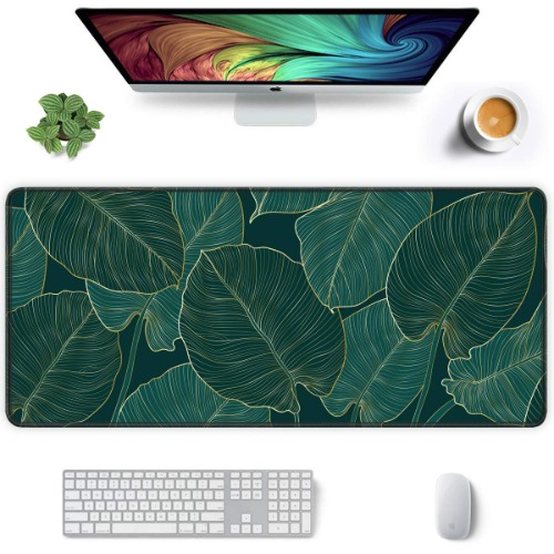 Hsurbtra Large Mouse Pad, 900 x 400 mm Gaming Mat with Stitched Edge, XXL Extended Waterproof Computer Keyboard Mousepad, Laptop Desk Pad Non-Slip Rubber Base for Office, Green Leaf
