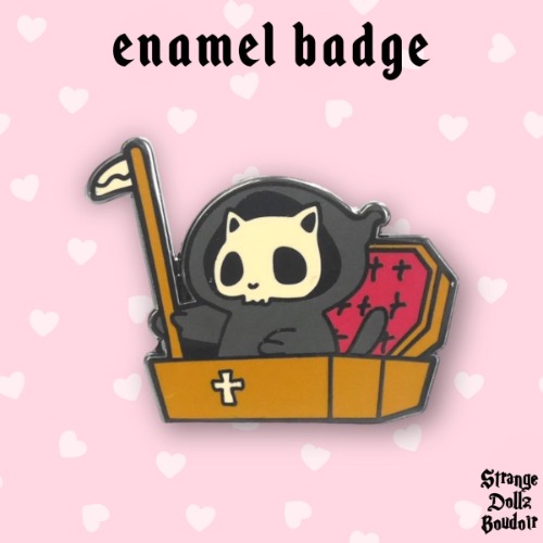 Grim Reaper Cat in Coffin enamel badge pin, spooky cute, Halloween, Strange Dollz Boudoir