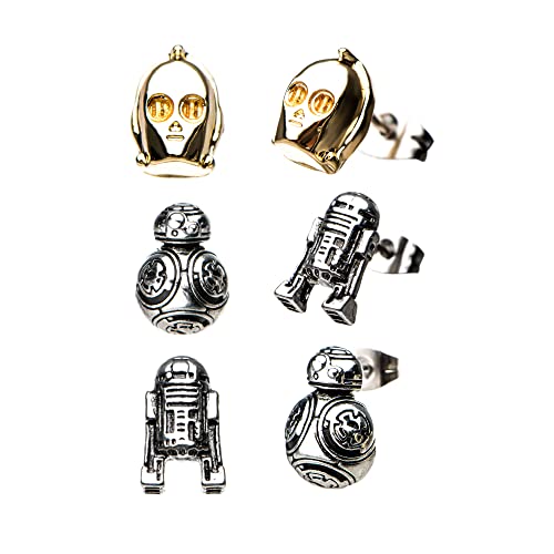 Star Wars Jewelry Unisex Adult Episode 8 BB-8, C-3PO and R2-D2 Stud Earrings Set, Gold/Silver, One Size
