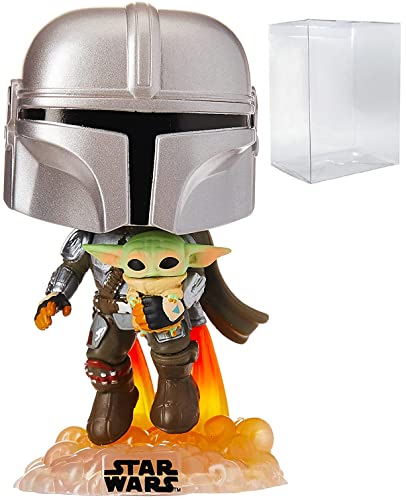 POP Star Wars: The Mandalorian - Mandalorian [Din Djarrin] Flying with Grogu [The Child] Funko Pop! Vinyl Figure (Bundled with Compatible Pop Box Protector Case), Multicolor, 3.75 inches