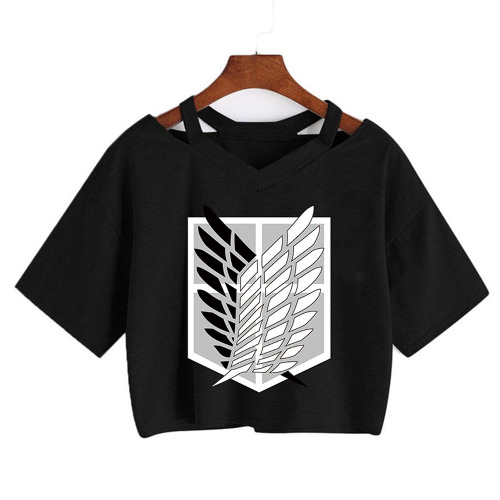 zhedu Attack on Titan T-Shirt Manga Japanischer Anime Shingeki No Kyojin T-Shirt Gothic Harajuku T-Shirt Punk V-Ausschnitt Sexy Crop Tops T-Shirt - S Color 3