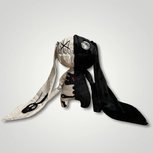 Art doll bad bunny with Long ears, Black skeleton bunny doll, Creepy cute bunny plush