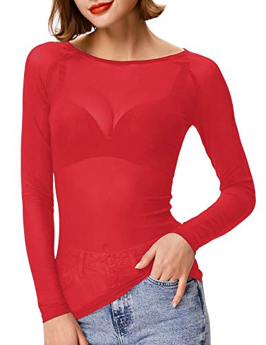 Women's Basic Long Sleeves Mesh Sheer Tops - Red - 3X-Large