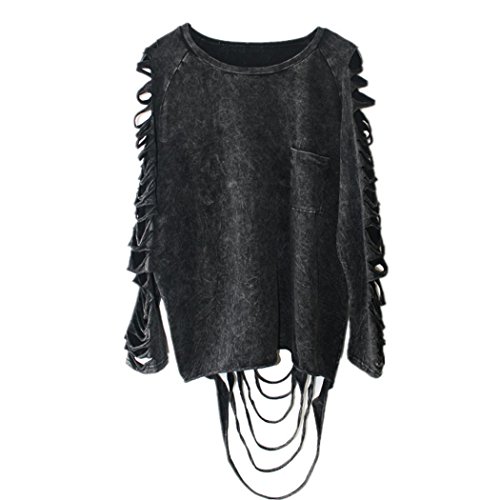 Anna-Kaci Ripped Cut Out Holes Long Sleeve Faded Distressed Top Pullover Shirt - XX-Large - Black