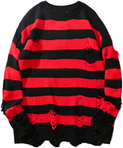 Zhiyouni Womens Punk Gothic Sweater Loose Oversized Striped Ripped Pullover Knit Sweaters - Red XX-Large
