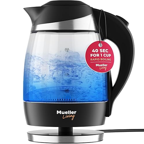 MuellerLiving Electric Kettle, 1500W SpeedBoil Teach Automatic Shutoff, 1.8L Cordless with LED, Borosilicate Glass Tea Pot Water Heater, BPA Free - 1.8 Liters