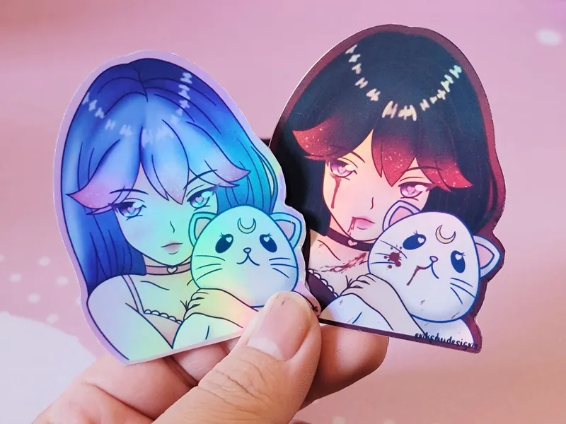 Anime Girl With Cat Plush Holographic Sticker | Anime Girl Sticker | Anime Stickers | Original Character | Holographic Stickers | Waterproof