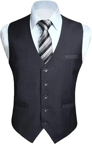HISDERN Men's Suit Vest Business Formal Dress Waistcoat Vest with 3 Pockets for Suit or Tuxedo - Small Dark Grey