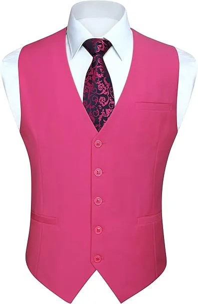 HISDERN Men's Suit Vest Business Formal Dress Waistcoat Vest with 3 Pockets for Suit or Tuxedo - Small Hot Pink