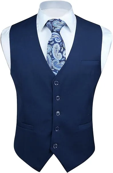 HISDERN Men's Suit Vest Business Formal Dress Waistcoat Vest with 3 Pockets for Suit or Tuxedo - Small Navy Blue