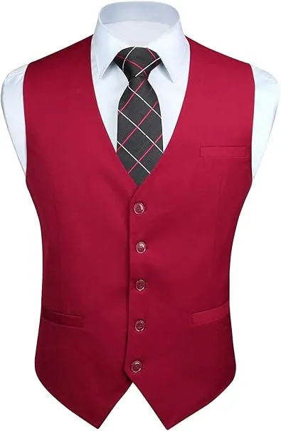 HISDERN Men's Suit Vest Business Formal Dress Waistcoat Vest with 3 Pockets for Suit or Tuxedo - Small Burgundy