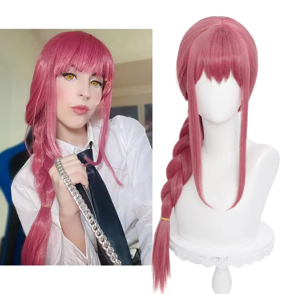 Aicos Anime Long Pink Red Cosplay Braids Wigs for Chainsaw Man + Free Cap (Makima)