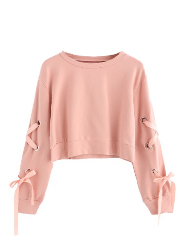 SweatyRocks Women's Casual Lace Up Long Sleeve Pullover Crop Top Sweatshirt - X-Small Solid Pink