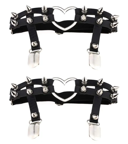 Women Girl Heart Garters Gothic Sexy Punk Rock Rivet Stud Leg Leather Ring Garters 2pcs
