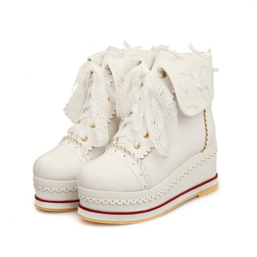 HILIB Women's Cute Lolita Boots Cosplay Brogue Wedge Boots - White 12.5