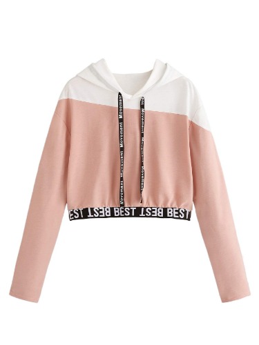 SweatyRocks Women's Letter Print Color Block Long Sleeve Crop Top Hoodies Pullover Sweatshirt - X-Large Pink