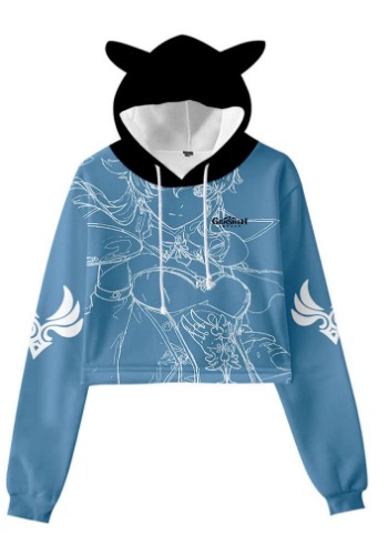Pure Pang Womens Girls Genshin Impact Cat Ear Crop Top Hoodie Cute Long Sleeve Game Cosplay Sweatshirt - Jean X-Large