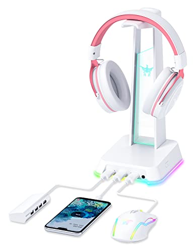 RGB Headphone Stand with 3 Charging Port USBs - White