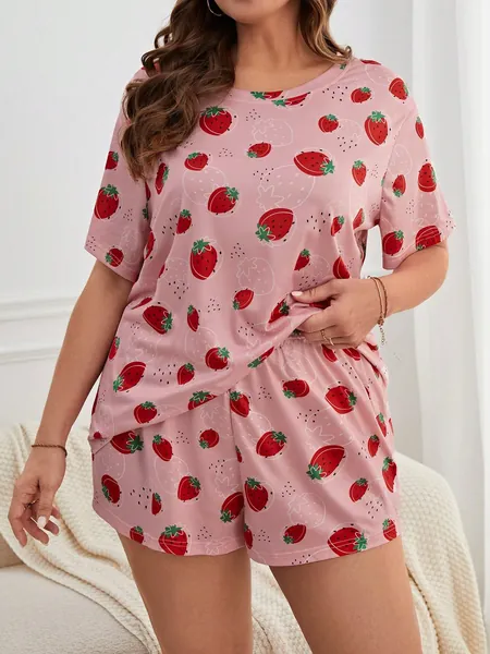 Talla grande Conjunto de pijama shorts con camiseta con estampado de fresa