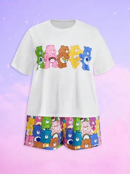 ROMWE X Care Bears Talla grande Conjunto de pijama shorts con camiseta con estampado de dibujos animados
