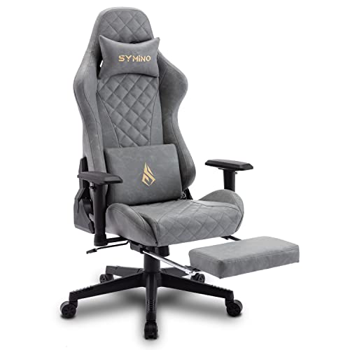 symino Gaming Stuhl Ergonomischer Bürostuhl Racing Stil Schreibtisch Stuhl mit 3D Armlehne, Vintage Style PU Leder PC Stuhl mit Fußstützen（Grau） - Grey mit Fußstütze