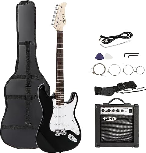 ZENY 39in Full Size Electric Guitar with 10W Amp, Case and Accessories Pack Beginner Starter Package, Black - Blue