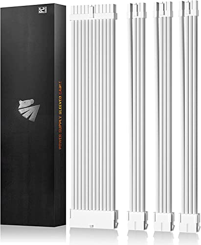 AsiaHorse 18AWG PSU PSU Cable Extension Sleeved Custom Mod GPU PC Power Supply Soft Braided with Two Color Comb Kit 24P/8P to 6+2P/ 8P to 4+4P 30CM 300MM (Peal White) - Peal White