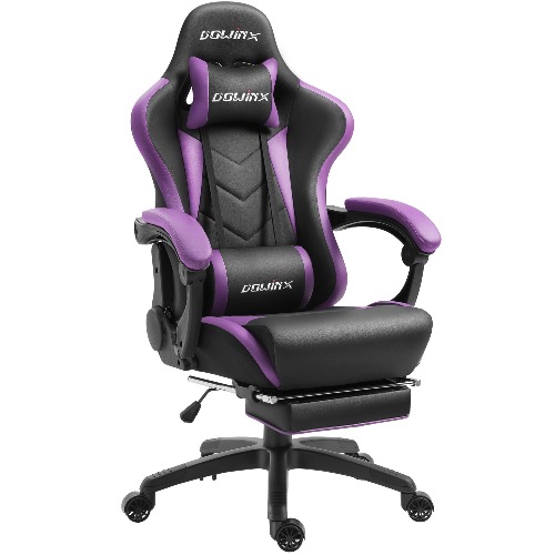 Dowinx Gaming Stuhl Ergonomischer Racing Stil Lehnstuhl mit Massage Lordosenstütze, Büro Sessel für Computer-PU-Leder-E-Sport-Gamer Stühle mit Ausziehbarem Fußraste (schwarz&lila)