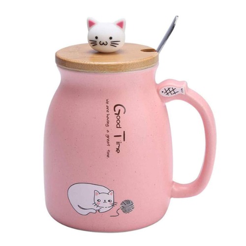 Sharemee - Niedliche Katze Keramikbecher mit Löffel und dreidimensionalem Kitty Holzdeckel, Kaffeetasse, Teetasse, Milchbecher für Gegenwart, rosa 450ml/15oz
