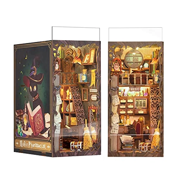 CUTEBEE DIY Book Nook Kit with Dust Proof, Bookshelf Insert DIY Miniature Kit Booknook Bookend Stand Bookcase Model Build Creativity Kit Decor Alley with LED Light (Magic Pharmacist)