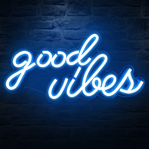 DECANIT Good Vibes Neon Sign for Bedroom Wall Decor Powered by USB Neon Light, Ice Blue Color,16.1"x8.3"x0.6" - Blue
