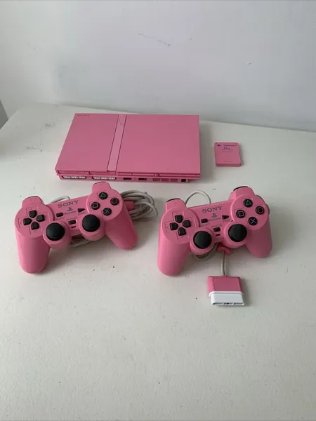 PS2 PlayStation 2 Pink Slim Console + 2 Pink Controllers &amp; Cables - Free Postage