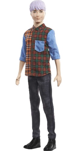 Barbie Ken Fashionistas Doll #154 with Sculpted Purple Hair Wearing a Color-Blocked Plaid Shirt, Black Denim Pants & Boots, Toy for Kids 3 to 8 Years Old - Casual $49.57