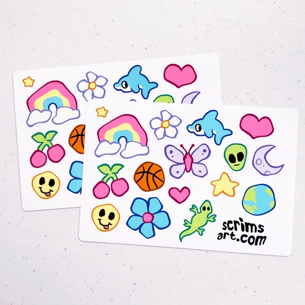 Wobbly Y2K Stickers | retro kawaii rainbow psychedelic hippie heart flower butterfly dolphin alien star cyber cute girly kidcore clowncore