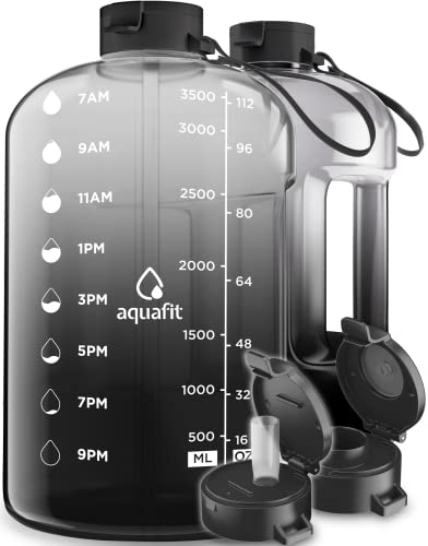 AQUAFIT 1 Gallon Water Bottle With Times To Drink - 128 oz Water Bottle With Straw - Motivational Water Bottle - Large Water Bottle - Sports Water Bottle With Time Marker - Gym Water Jug 1 Gallon, Black - Time Markers - Midnight Gray