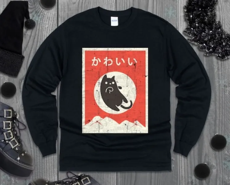Kawaii Japan Cat Long Sleeve Tee  Neko Manga Mt. Fuji Anime | Etsy