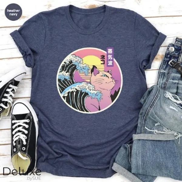 Synthwave Shirt Vaporwave Cat Shirt Great Wave of Kanagawa | Etsy