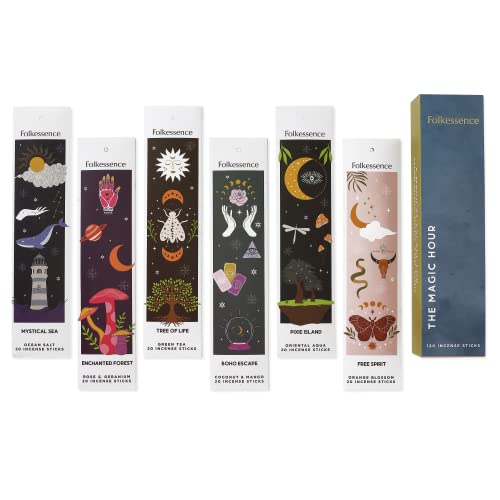 Folkulture Incense Sticks - Set of 6 Insenses (120 Sticks) for Positive Aura - Coconut and Mango, Oriental Aqua, Green Tea, Ocean Salt, Rose and Geranium, Orange Blossom - Boho Gift Set - Magic Hour - The Magic Hour - Pack of 6 (120 Sticks)
