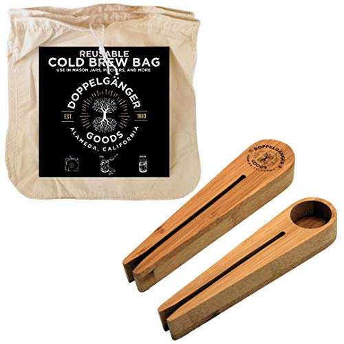 (2-Pack, Large 12in x 12in) Organic Cotton Cold Brew Coffee Bag + 1x Bamboo Wood Measuring Spoon and Bag Clip Bundle