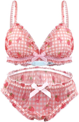 paloli Women Cute Lingerie Set Sweet Strawberry Bikini Wirless Bra and Panty - 100% Cotton - Red